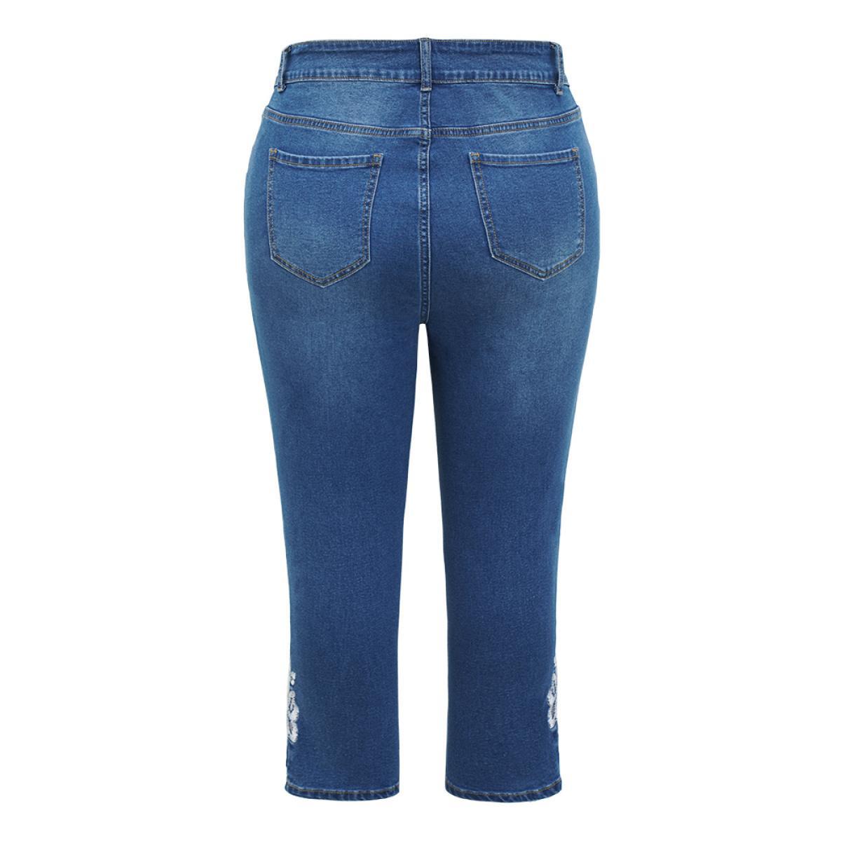 Plus Size Very Stretchy High Rise Medium Wash Embroidered Cropped Jeans Women LightBlue Casual Plain Embroidered High stretch Pocket Jeans BloomChic 18/2X Product Image