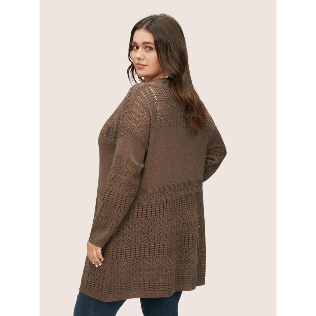 Plus Size Solid Geometric Hollow Out Pocket Cardigan DarkBrown Women Casual Long Sleeve Everyday Cardigans BloomChic 14-16/1X Product Image