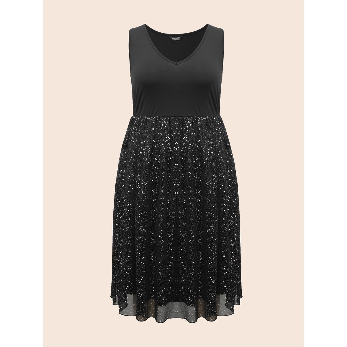 Plus Size V Neck Glitter Patchwork Tank Dress Black Women Cocktail Texture Party Curvy Bloomchic 14-16/1X Product Image