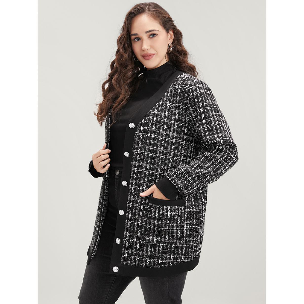 Plus Size Contrast Trim Pocket Button Up Plaid Tweed Coat Women Black Office Ladies Work Winter Coats BloomChic 18-20/2X Product Image