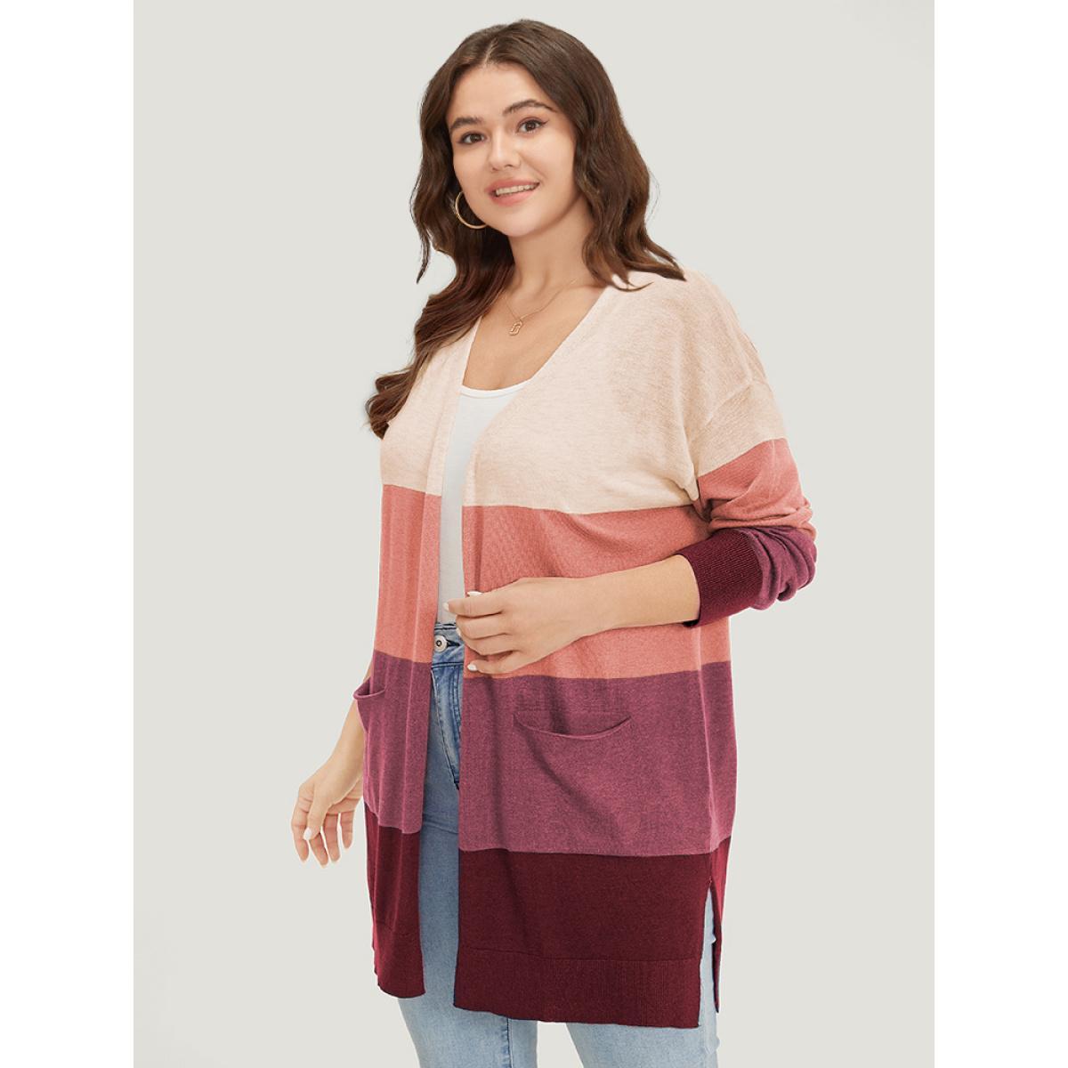Plus Size Supersoft Essentials Colorblock Contrast Pocket Split Side Cardigan RedViolet Women Casual Loose Long Sleeve Everyday Cardigans BloomChic 10/M Product Image