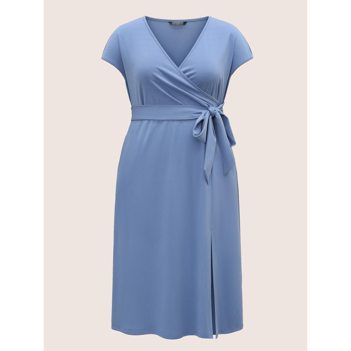 Plus Size Solid Ties Wrap Dolman Sleeve Split Side Dress Stone Women Basics Non Overlap Collar Cap Sleeve Curvy Midi Dress BloomChic 10/M Product Image