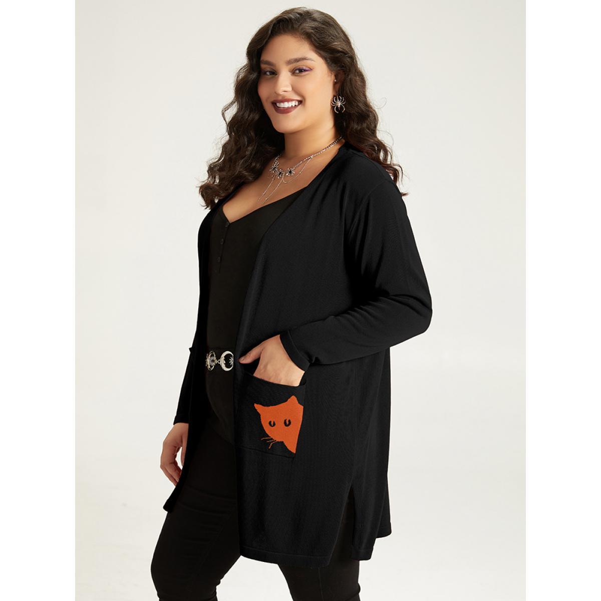 Plus Size Halloween Cat Print Split Side Patched Pocket Cardigan Black Women Casual Loose Long Sleeve Festival-Halloween Cardigans BloomChic 26/4X Product Image
