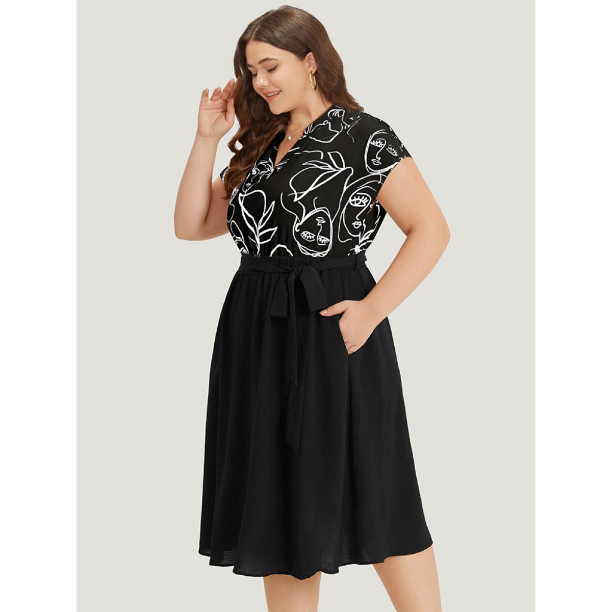 Plus Size Figure Graffiti Notched Patchwork Belted Dress Black Women Office Lined Notched collar Short sleeve Curvy Midi Dress BloomChic 14-16/1X Product Image