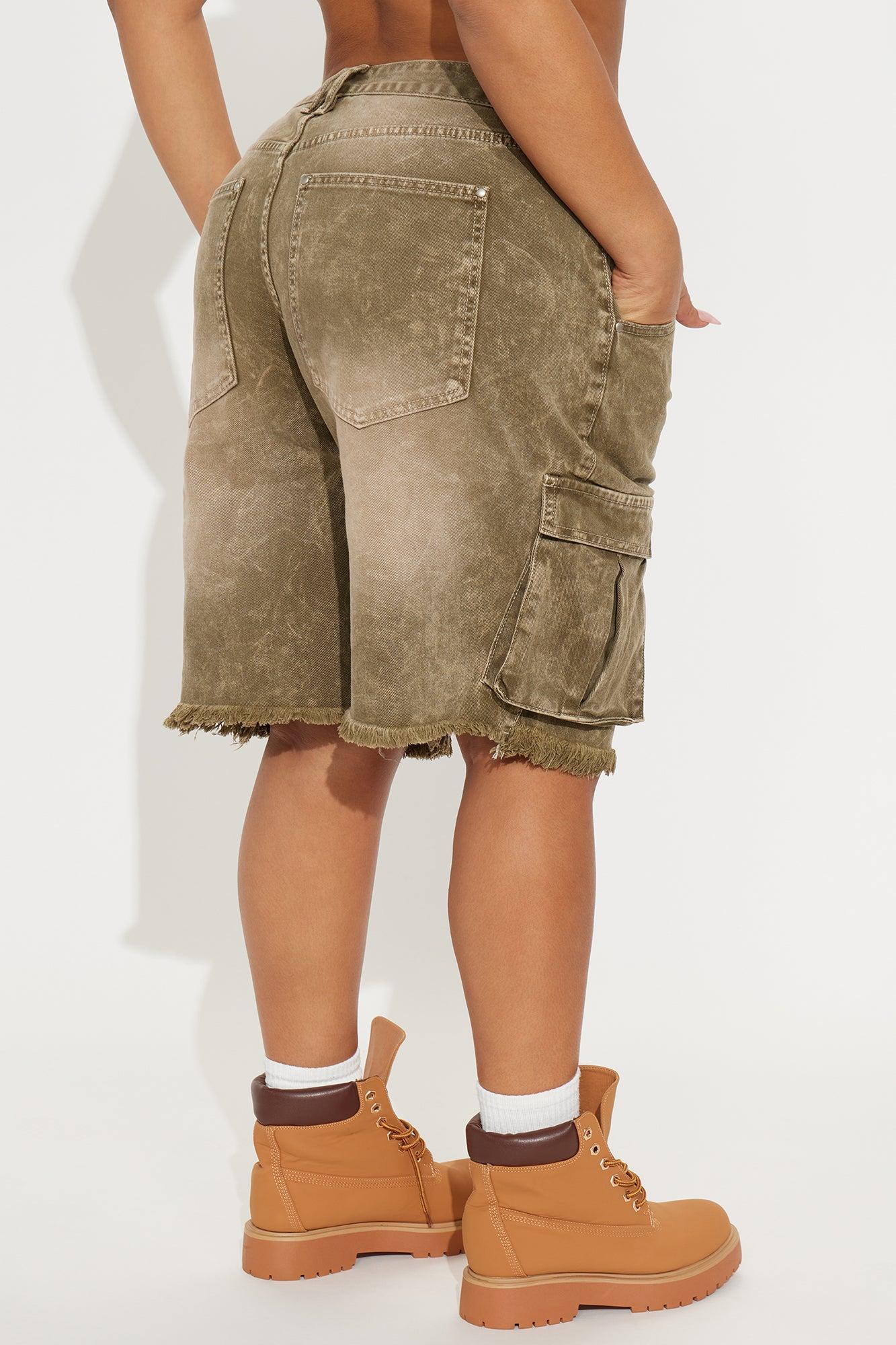 Live And Learn Cargo Denim Jorts - Olive Product Image