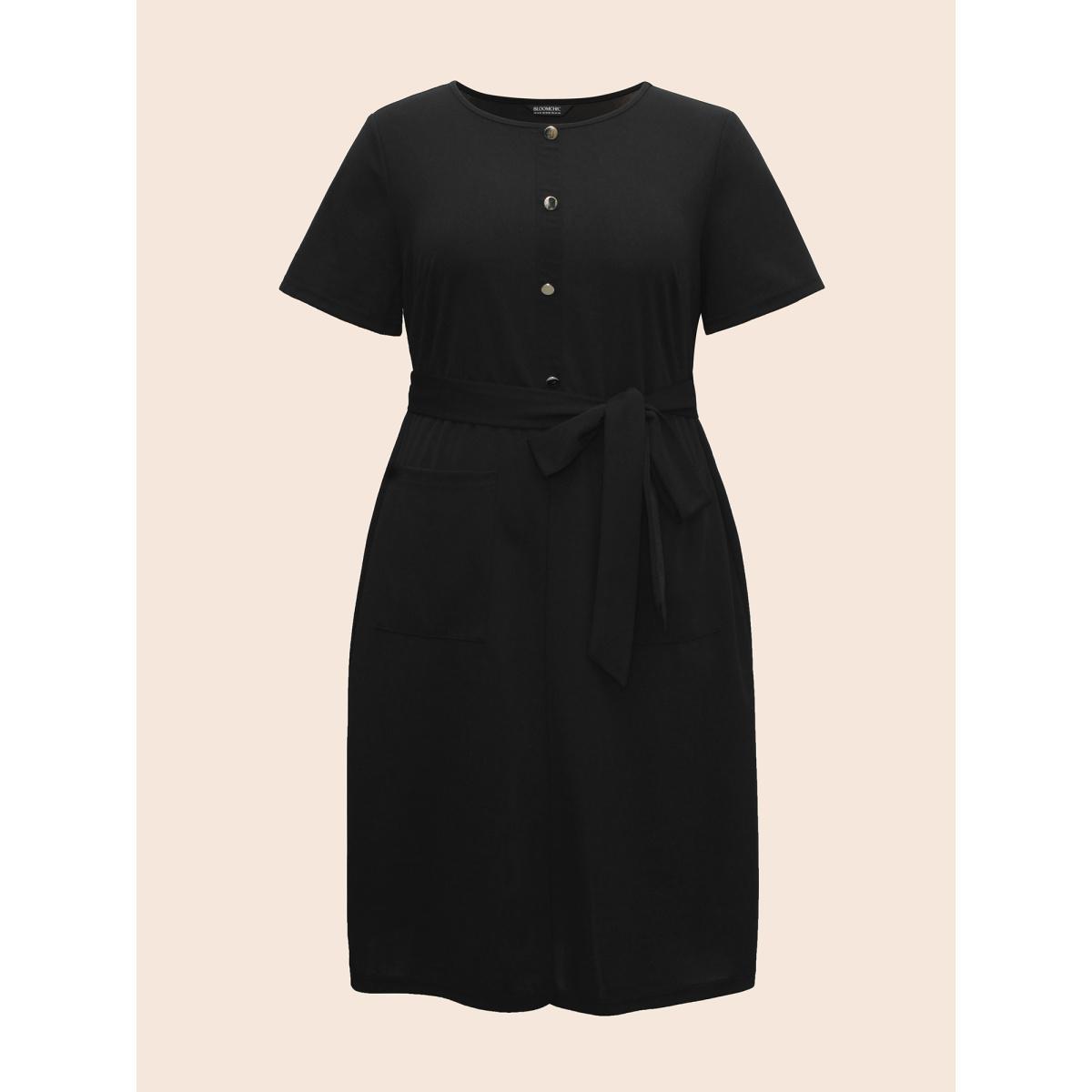 Plus Size Crew Neck Metal Button Detail Belted Dress Black Women At the Office Belted Round Neck Short sleeve Curvy BloomChic 14-16/1X Product Image