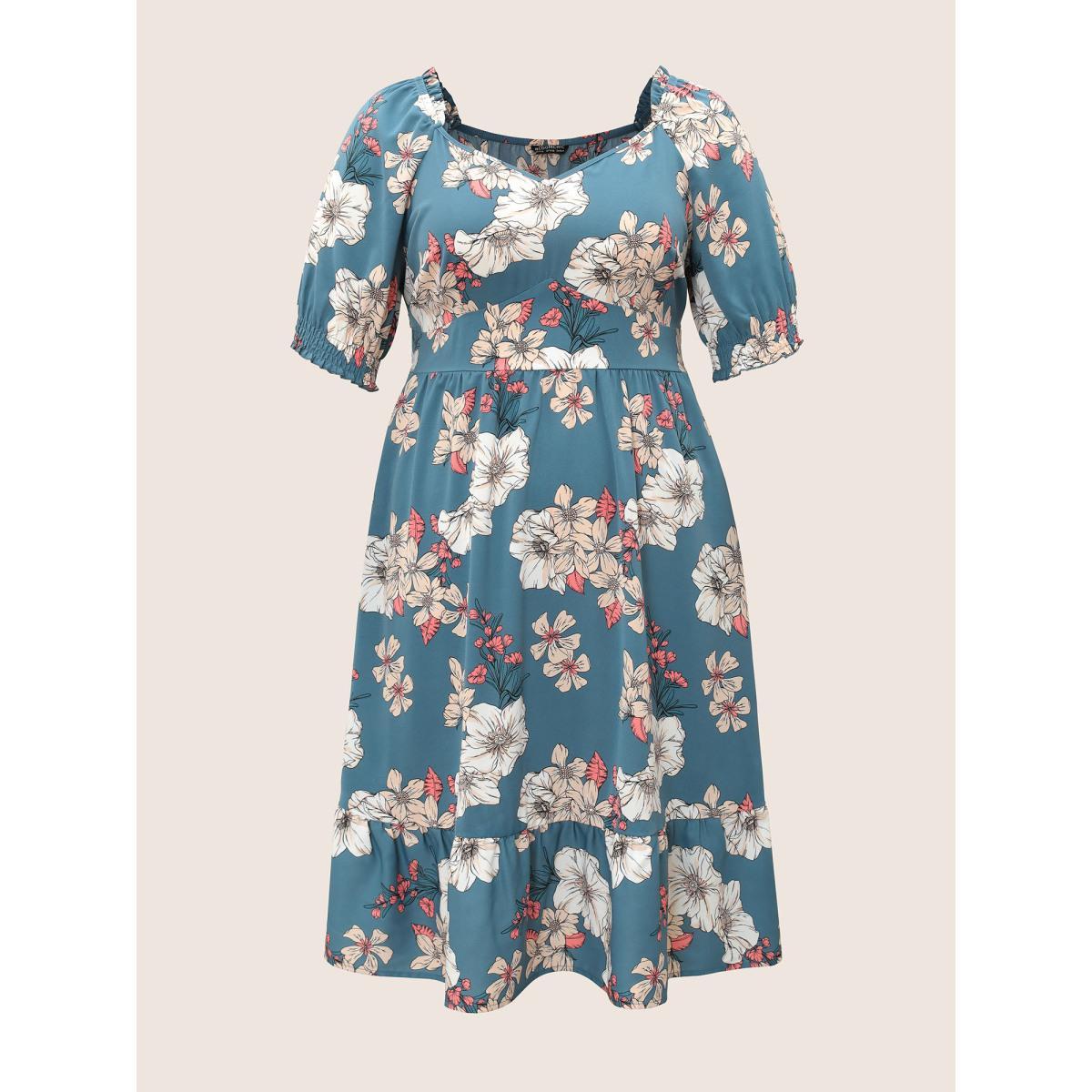 Plus Size Floral Frill Trim Shirred Pocket Square Neck Dress Stone Women Elegant Non Square Neck Short sleeve Curvy Midi Dress BloomChic 26/4X Product Image