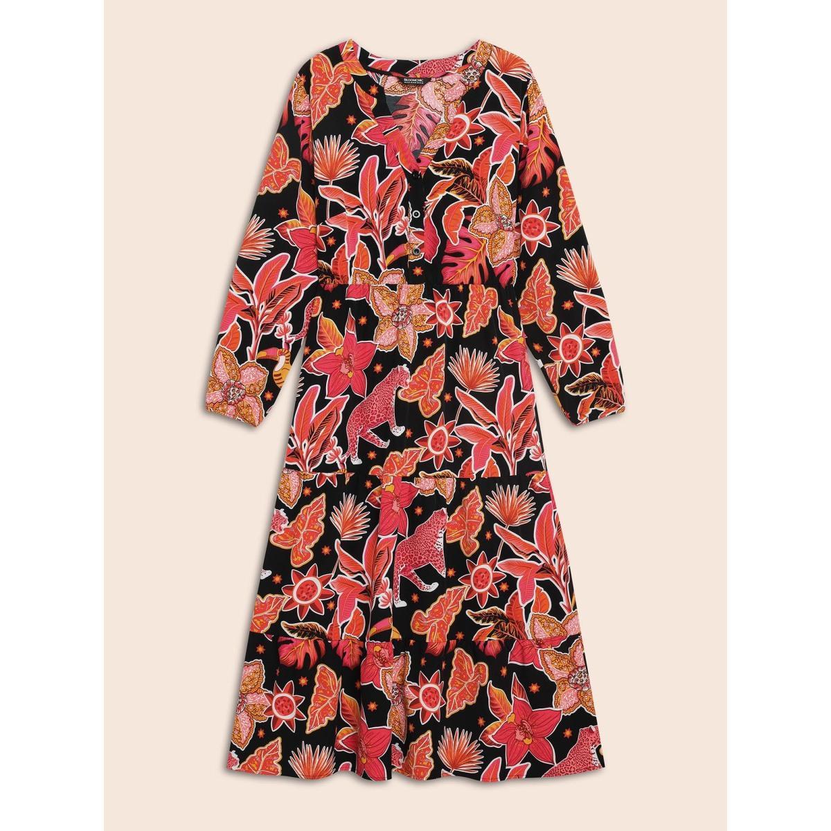 Plus Size Notched Floral Elastic Waist Maxi Dress Black Women Elegant Button Flat collar with V-notch Long Sleeve Curvy BloomChic 30/6X Product Image