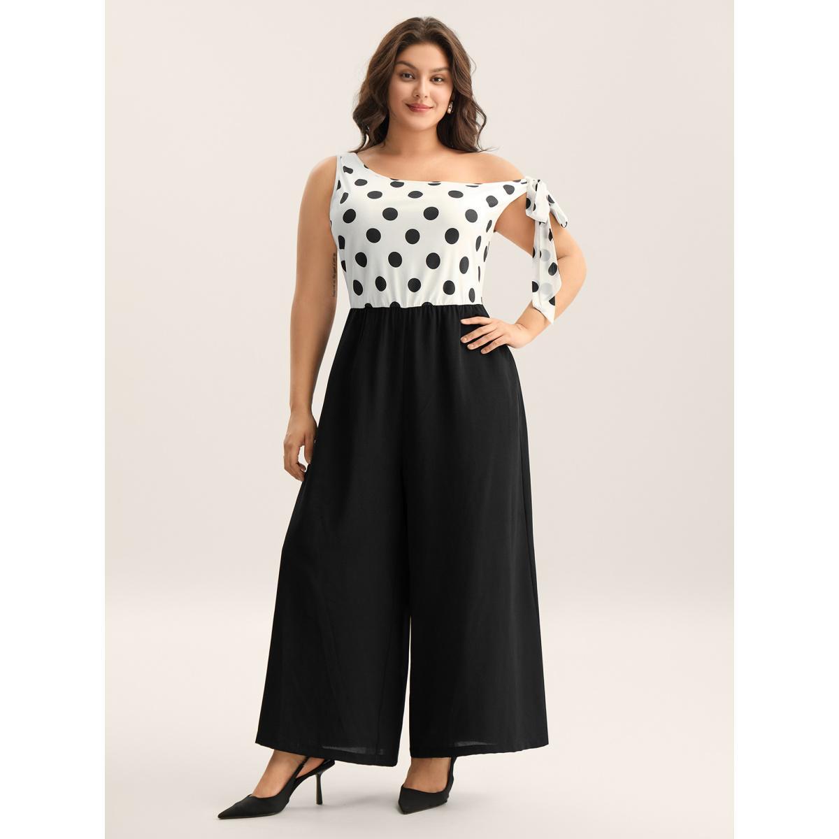 Plus Size Originalwhite Polka Dots One-Shoulder Tied Jumpsuit Women Sleeveless Asymmetrical Neck Work Loose Jumpsuits BloomChic 30/6X Product Image