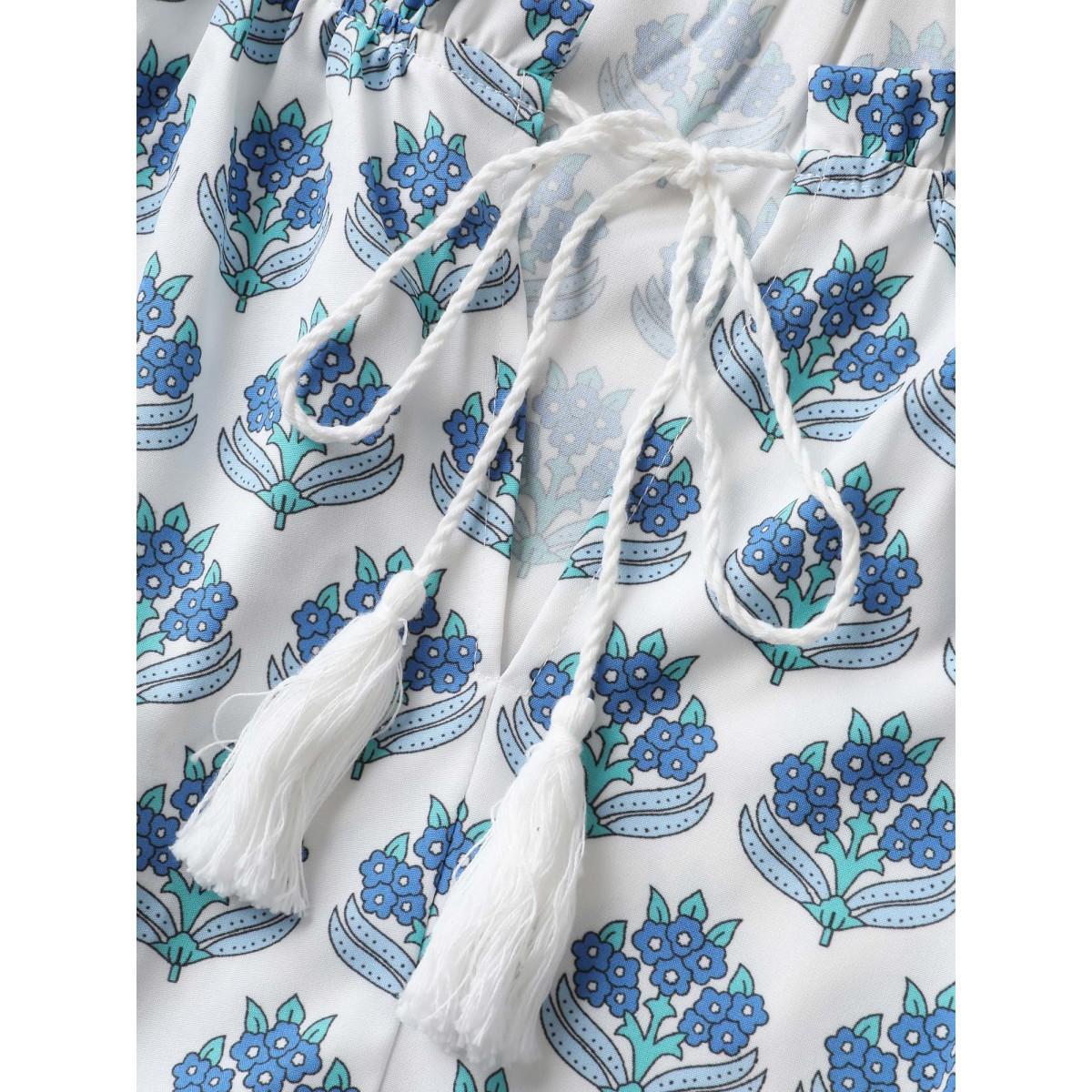 Plus Size Boho Print Notched Collar Tassel Sleeveless Dress Blue Women Resort Tie knot Notched collar Sleeveless Curvy Midi Dress BloomChic 10/M Product Image
