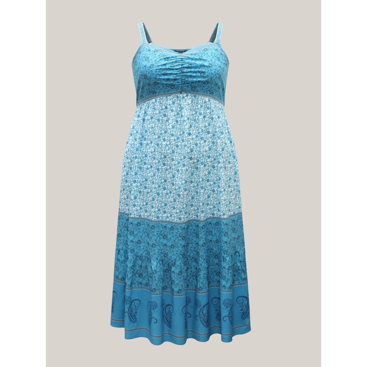 Plus Size Tropical Blues Cinched Cami Midi Dress Cerulean Women Resort Gathered Heart neckline Sleeveless Curvy BloomChic 30/6X Product Image
