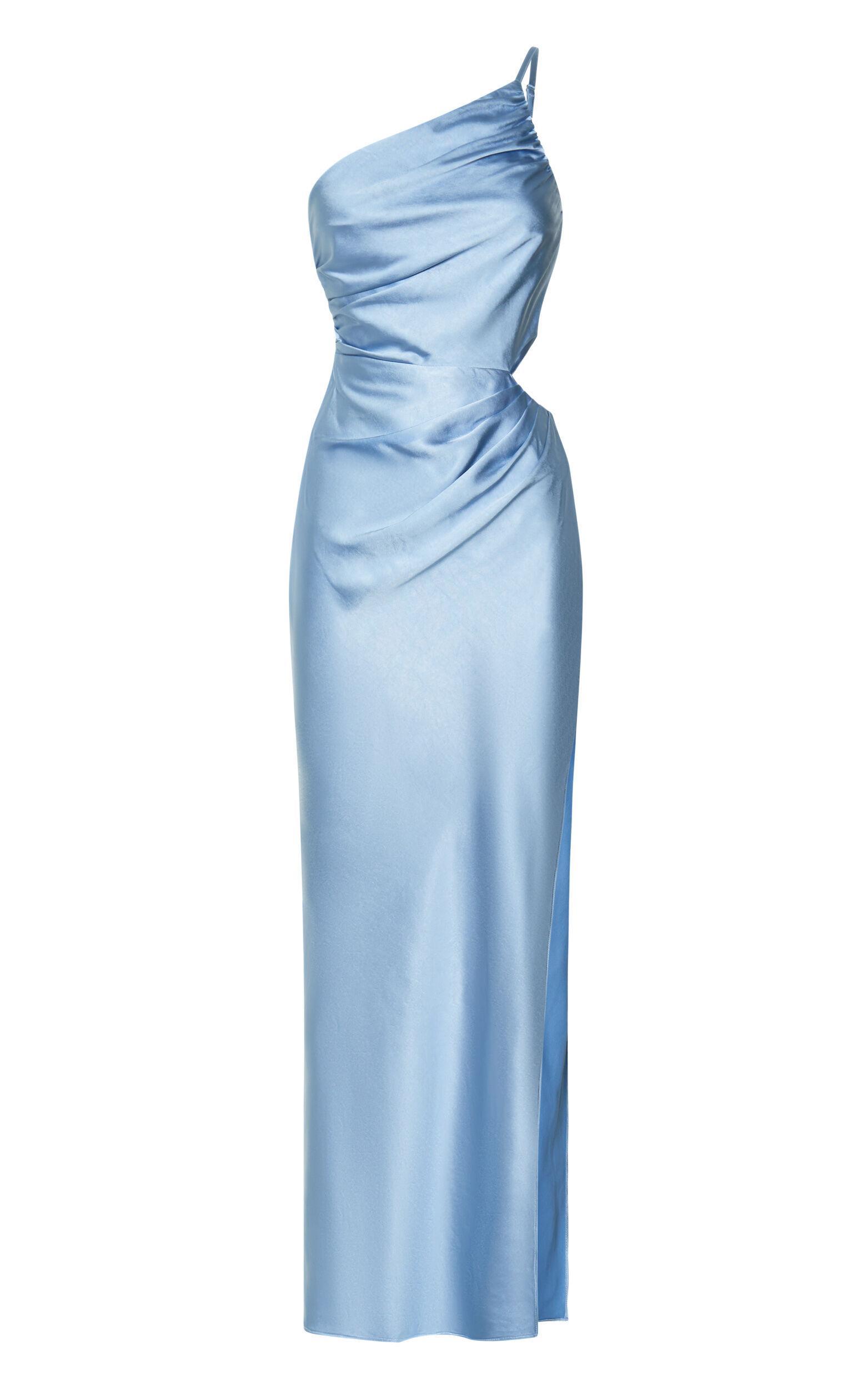 Leighton Maxi Dress - One Shoulder Ruched Thigh Split Slip Dress in Blue Product Image