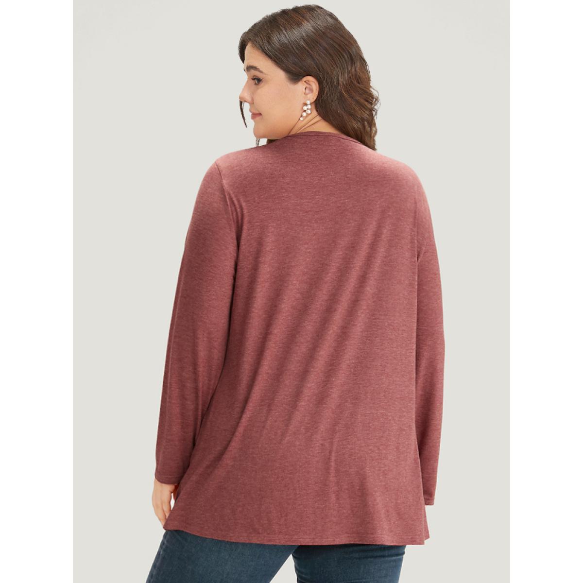 Plus Size Plain Round Neck Button Detail T-shirt Russet Women Casual Plain Plain Round Neck Dailywear T-shirts BloomChic 12/L Product Image