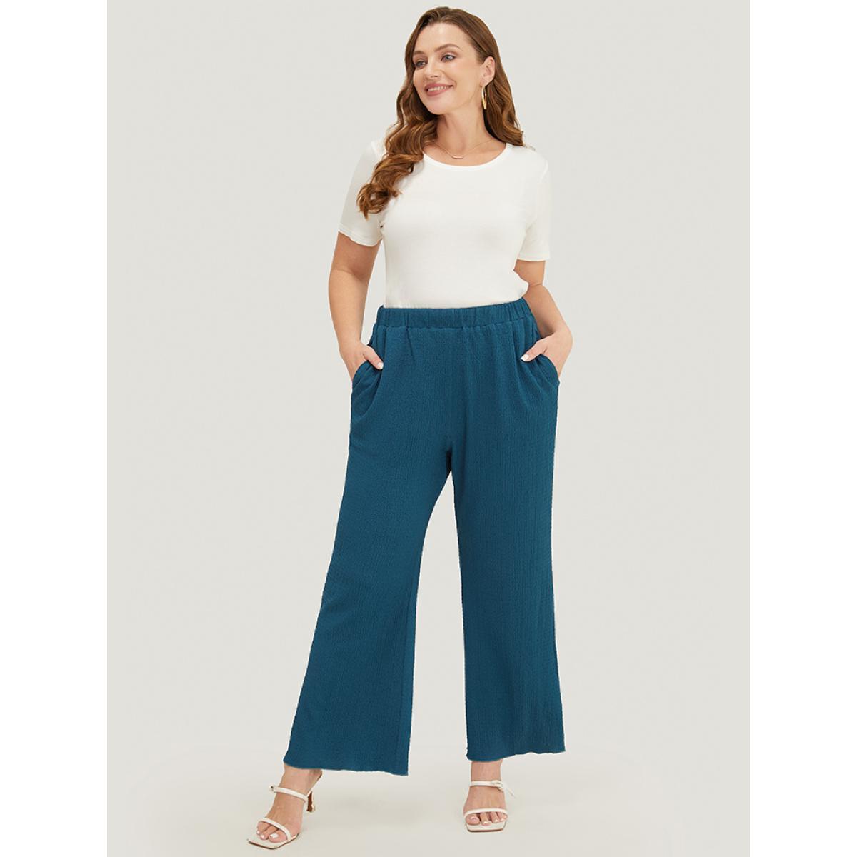 Plus Size Solid Textured Elastic Waist Pocket Bootcut Pants Women Aegean Casual Mid Rise Dailywear Pants BloomChic 30/6X Product Image