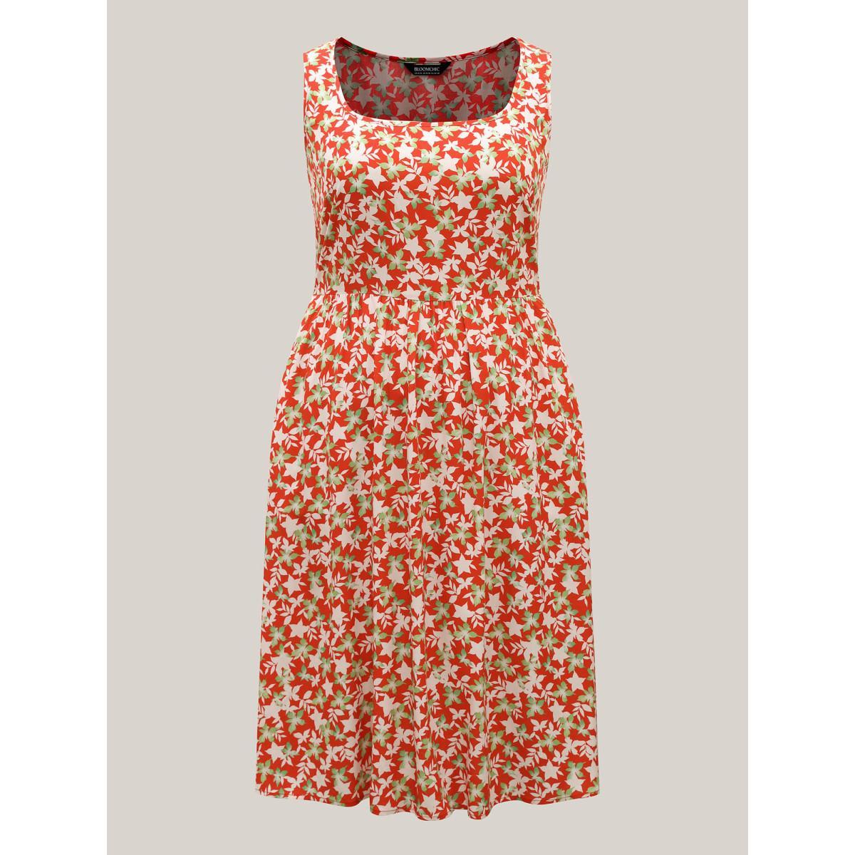 Plus Size Floral Print Sleeveless Pockets Midi Dress Crimson Women Square Neck Sleeveless Curvy BloomChic 10/M Product Image