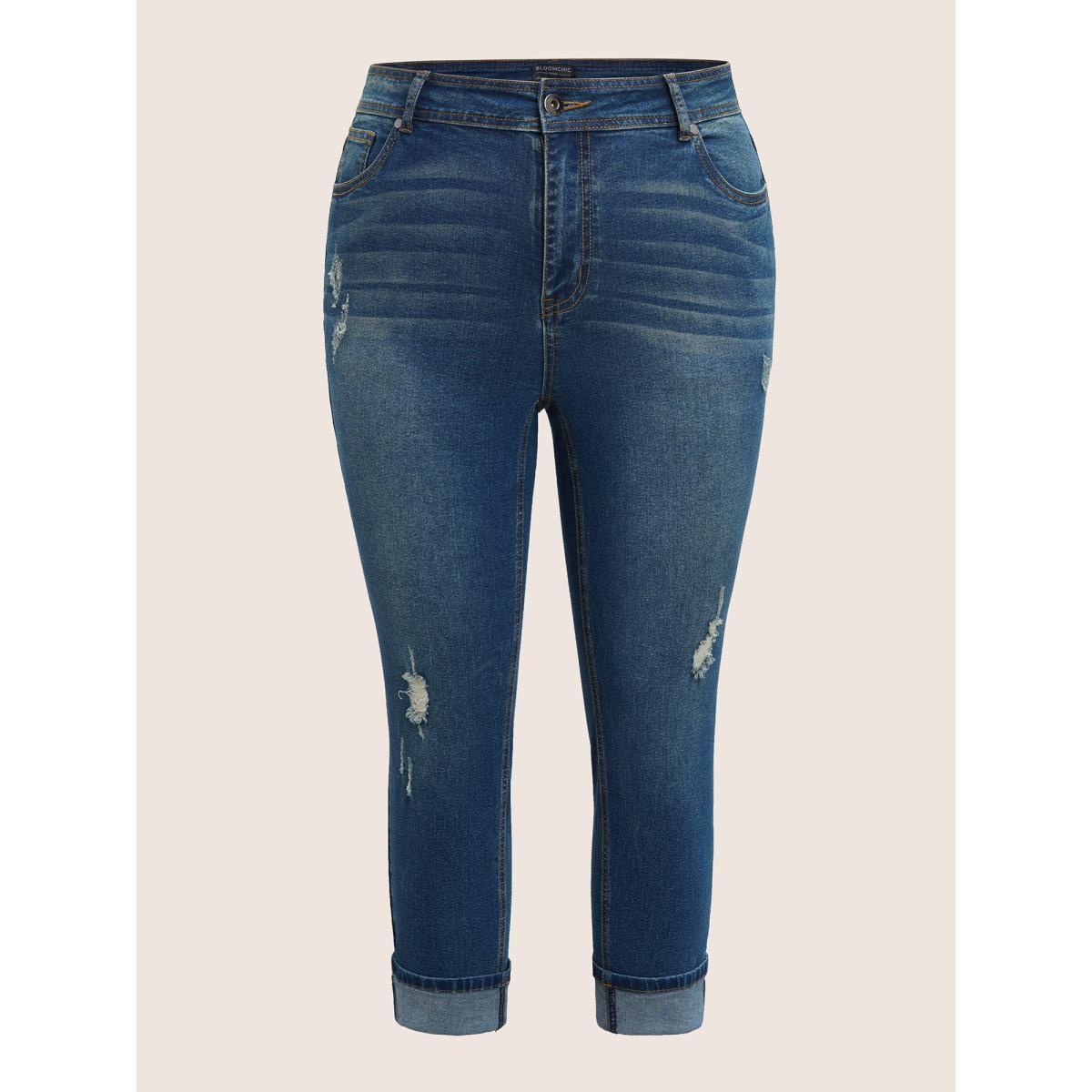 Plus Size Roll Hem Ripped Pocket Straight Leg Cropped Jeans Women Aegean Casual Plain Non High stretch Slanted pocket Jeans BloomChic 20/2X Product Image