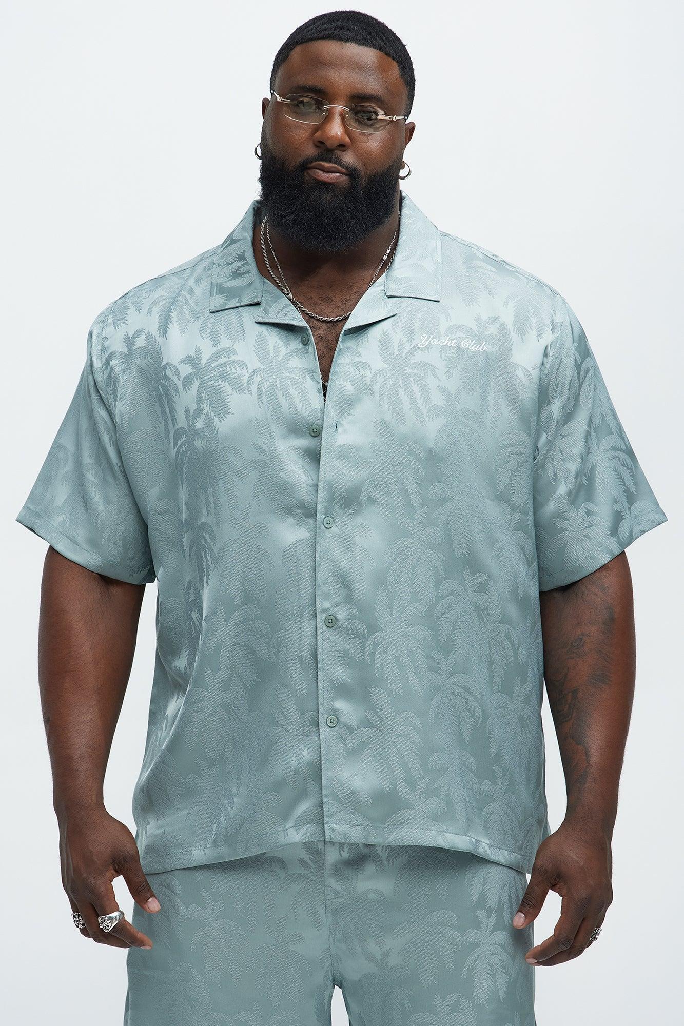 Palm Trees Jacquard Short Sleeve Button Up Shirt - Green Product Image