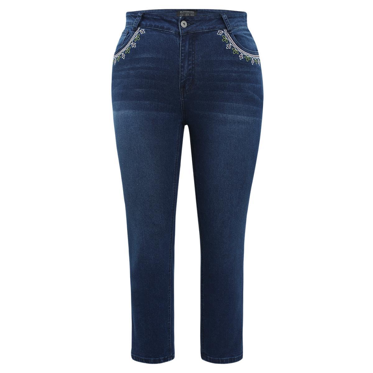 Plus Size Straight Very Stretchy High Rise Dark Wash Embroidered Trim Jeans Women DarkBlue Casual Plain Embroidered High stretch Jeans BloomChic 22/3X Product Image
