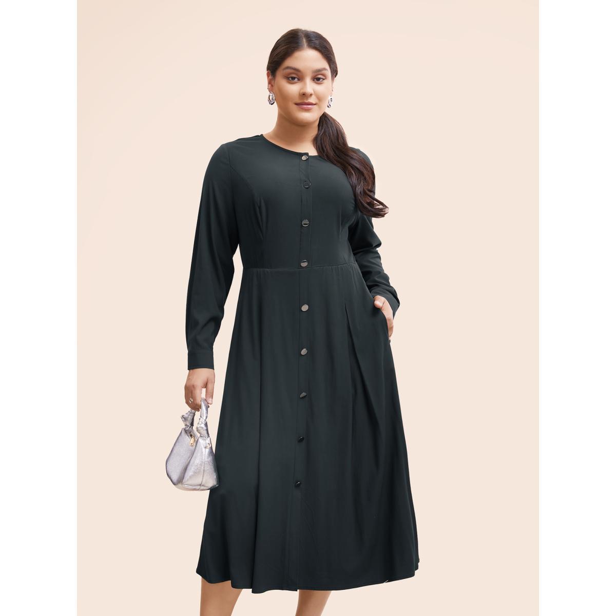 Plus Size Stretch Woven Button Pleated Midi Dress Black Women At the Office Pleated Round Neck Long Sleeve Curvy BloomChic 30/6X Product Image