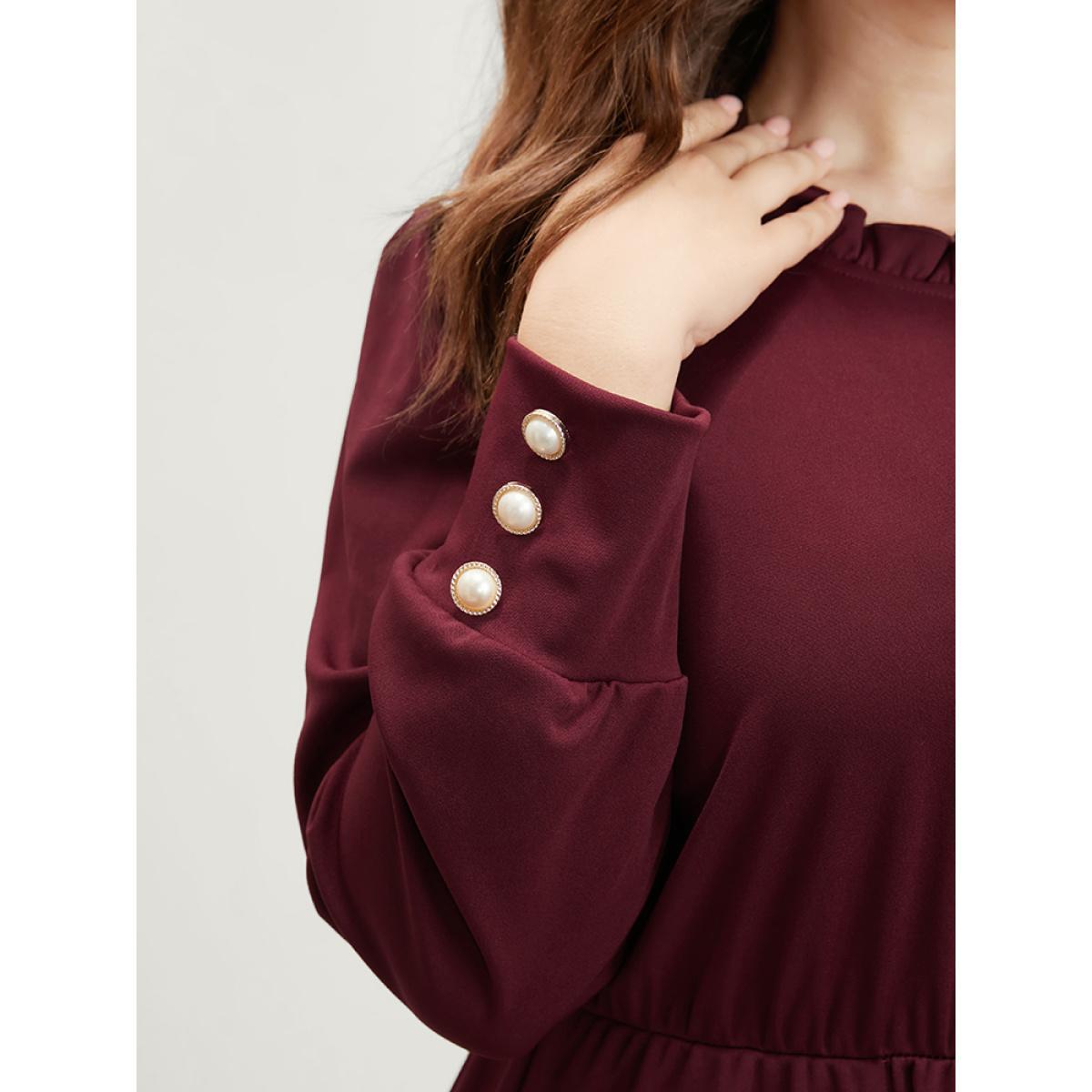 Plus Size Solid Pearl Beaded Frill Trim Lantern Sleeve Flutter Dress Burgundy Women Elegant Round Neck Long Sleeve Curvy Midi Dress BloomChic 30/6X Product Image