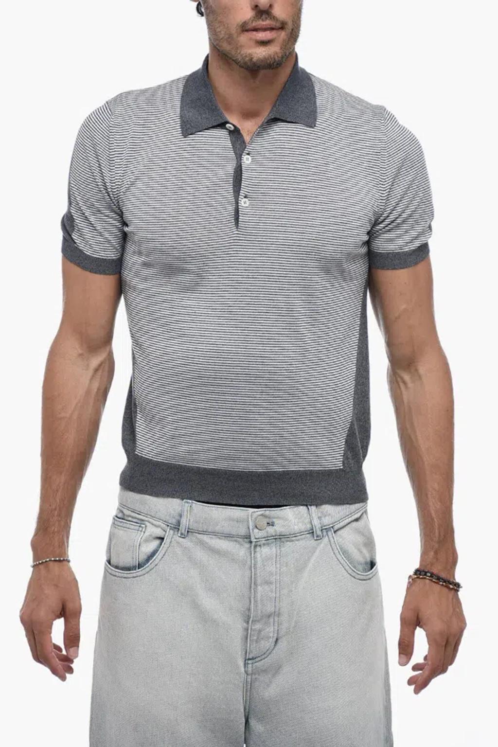 CORNELIANI Stripe Print Long Sleeved Polo In Grey Product Image
