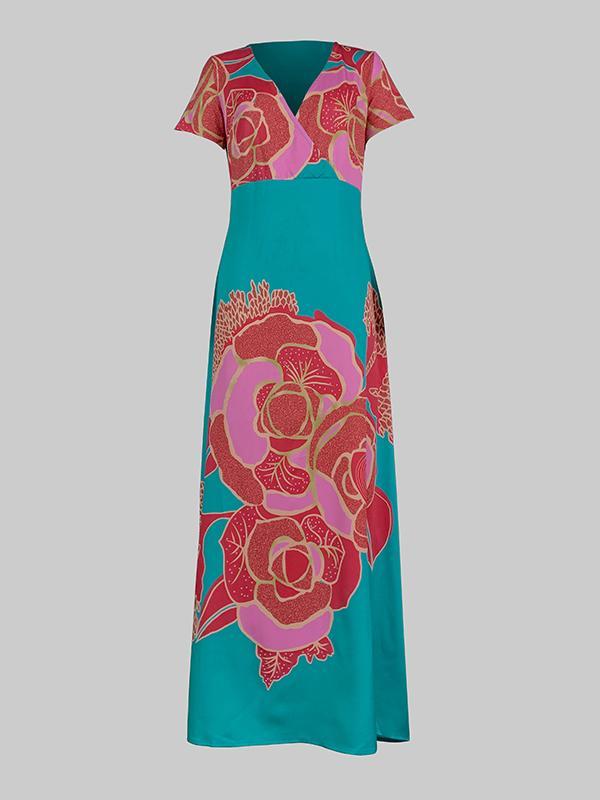 A-Line Loose Floral Printed Split-Joint Deep V-Neck Evening Dresses Maxi Dresses Product Image