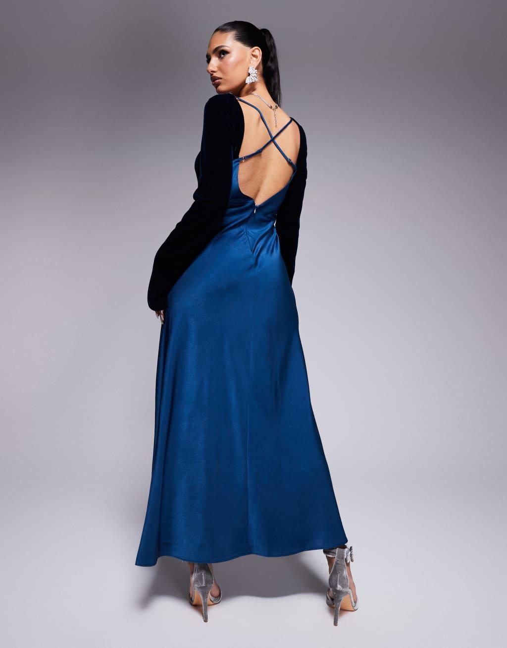 ASOS DESIGN square neck velvet satin mix midaxi dress with cut out in blue Product Image