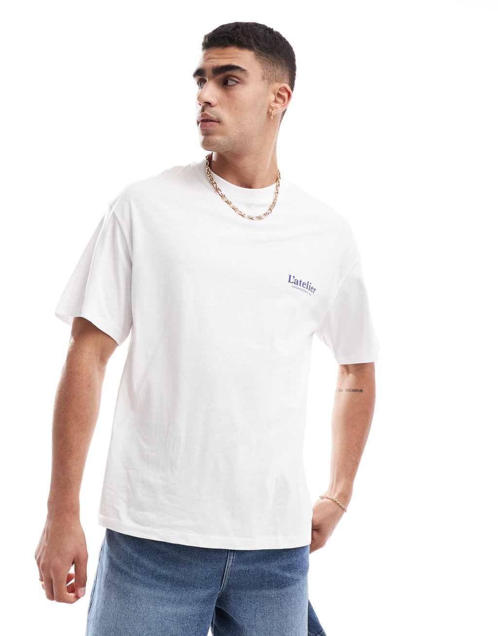 Jack & Jones oversized T-shirt with blue L'atelier art back print in white Product Image