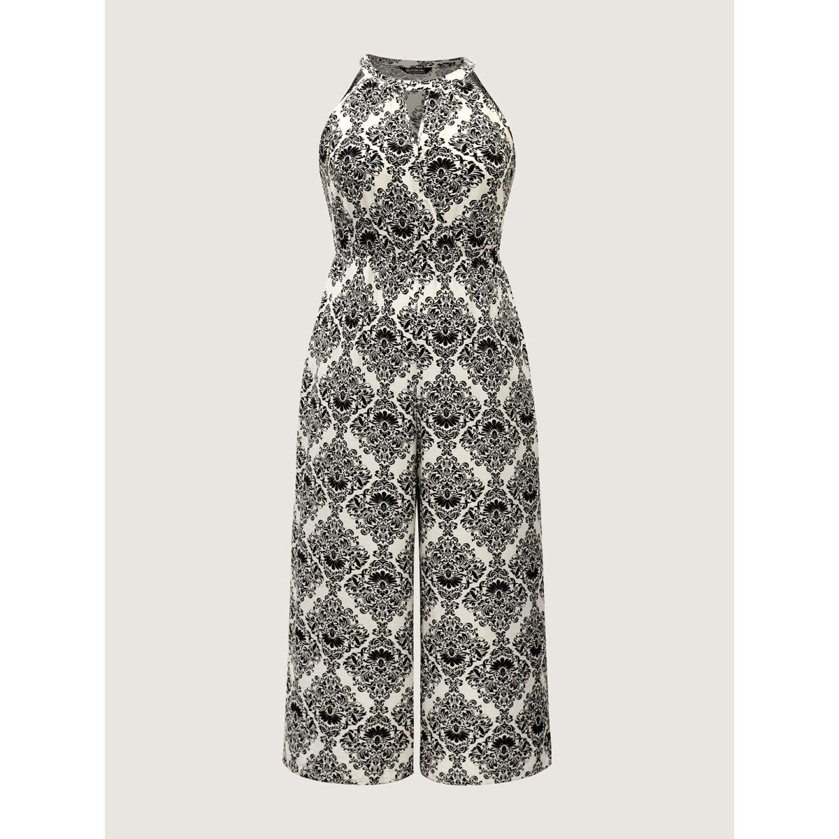 Plus Size Black Keyhole Neck Damask Wide-Leg Jumpsuit Women Sleeveless Round Neck Vacation Loose Jumpsuits BloomChic 30/6X Product Image