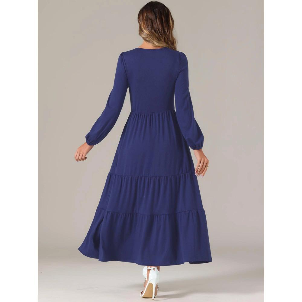 Allegra K Women's Tiered Crewneck Long Sleeve Midi Casual A-Line Dress with Pockets Product Image