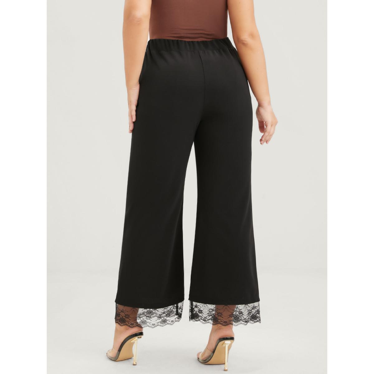 Plus Size Solid Fake Button Scalloped Lace Trim Elastic Waist Pants Women Black Elegant Loose High Rise Dailywear Pants BloomChic 30/6X Product Image
