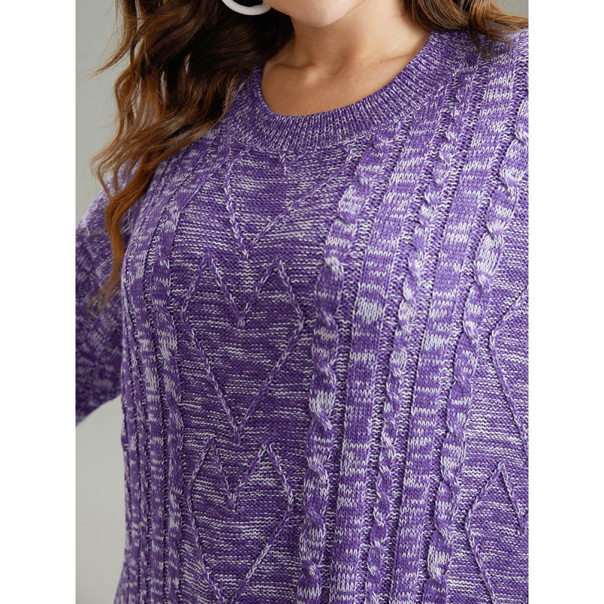 Plus Size Heather Flutter Hem Cable Knit Pullover BlueViolet Women Casual Loose Long Sleeve Round Neck Dailywear Pullovers BloomChic 10/M Product Image
