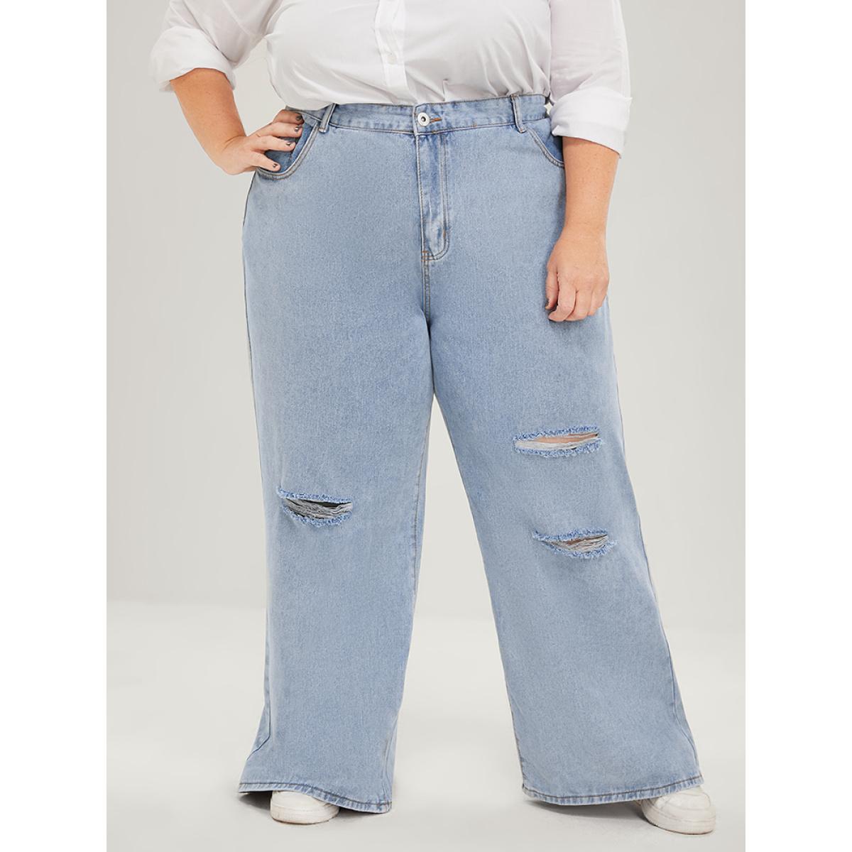 Plus Size Boyfriend Wide Leg Non Stretchy High Rise Light Wash Distressed Jeans Women LightBlue Casual Plain Distressed No stretch Pocket Jeans BloomChic 30/6X Product Image