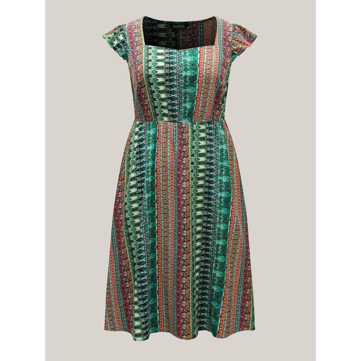 Plus Size Boho Stripes Pockets Flutter Midi Dress Emerald Women Heart neckline Cap Sleeve Curvy BloomChic 28/5X Product Image