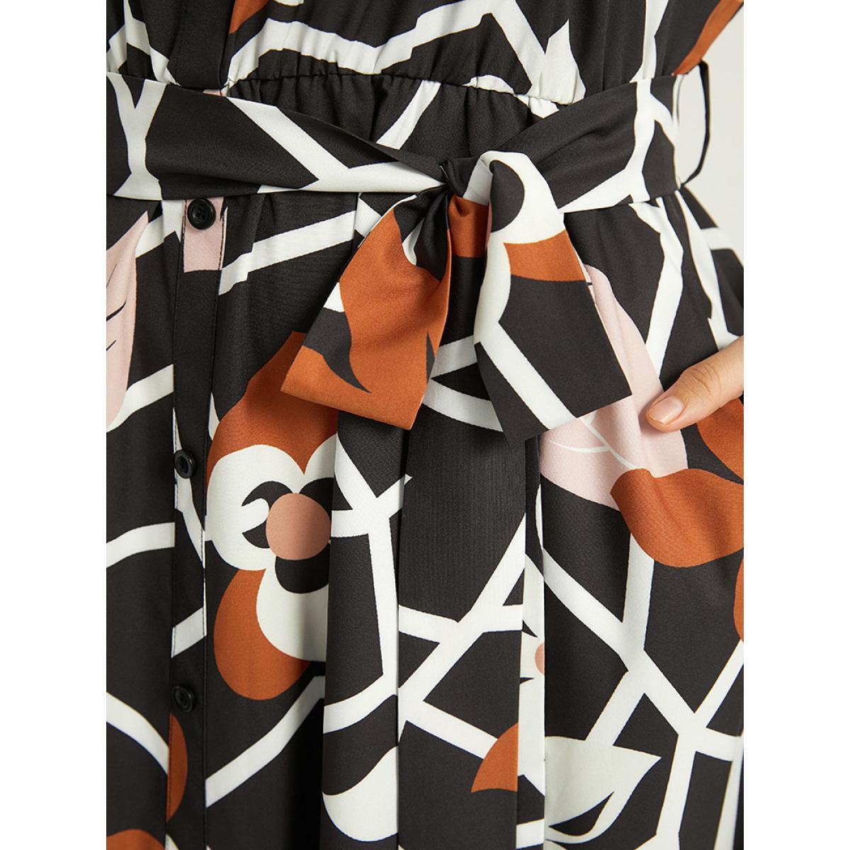 Plus Size Geometric & Plants Button Through Pocket Dress Multicolor Women Office Elastic cuffs Shirt collar Long Sleeve Curvy Midi Dress BloomChic 26/4X Product Image