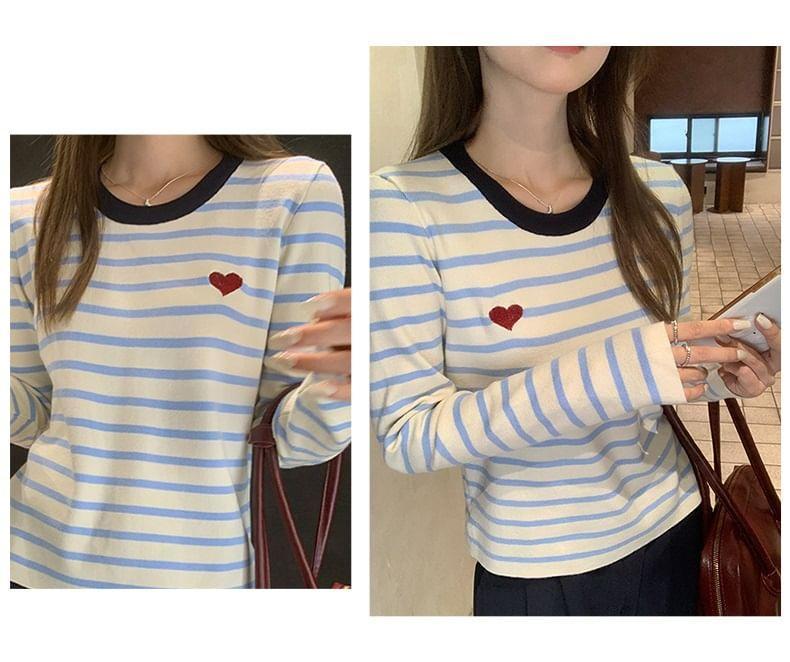 Long-Sleeve Round Neck Striped Heart Bow Embroidered Knit Top Product Image