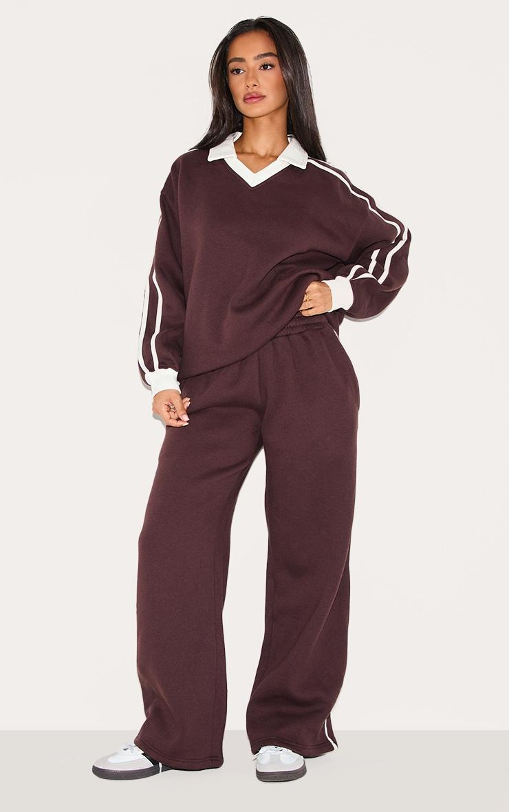 Petite Chocolate Collared Stripe Detail Oversized Sweatshirt Product Image