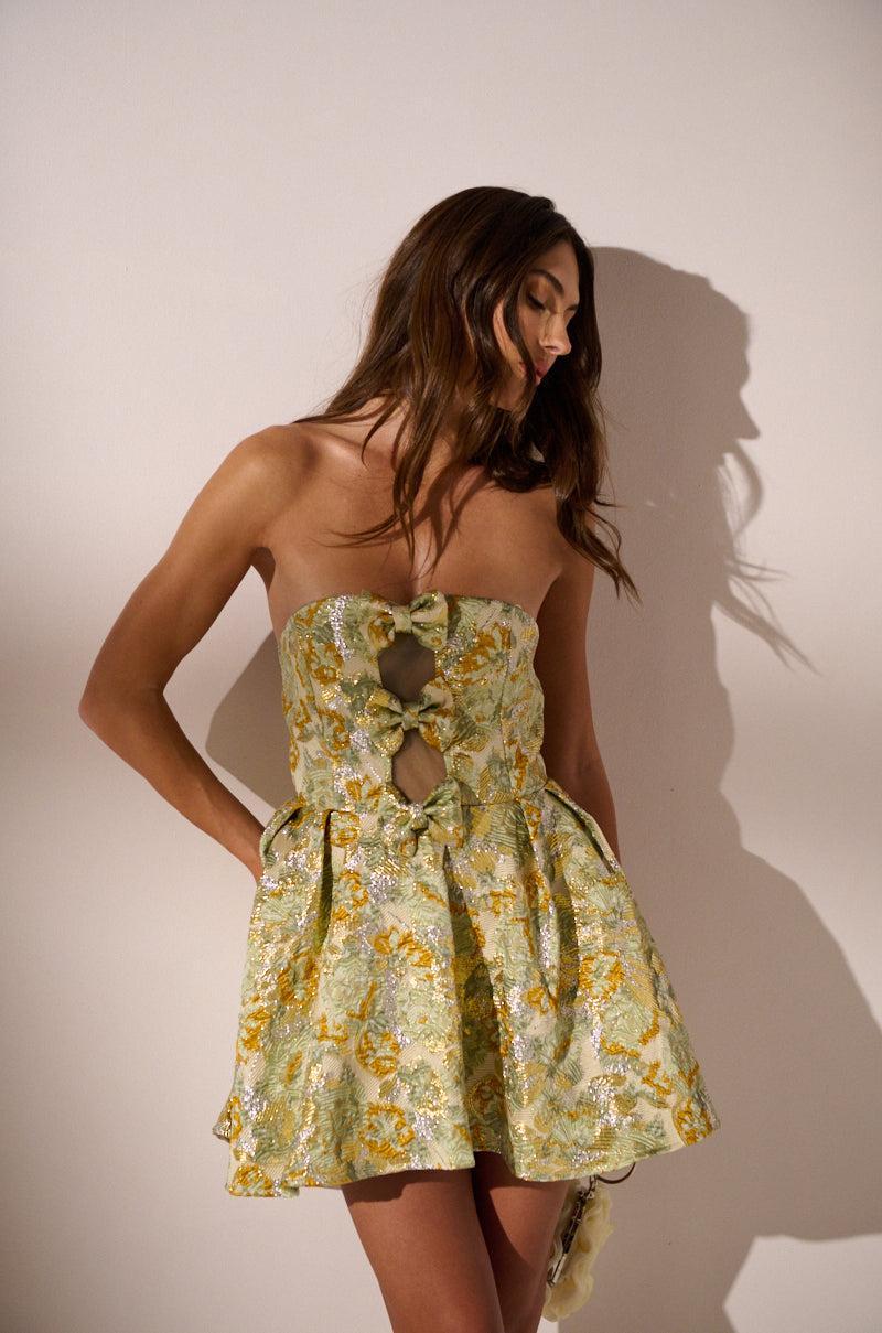 BELLE OF THE BALL BROCADE MINI DRESS IN GREEN MULTI Product Image