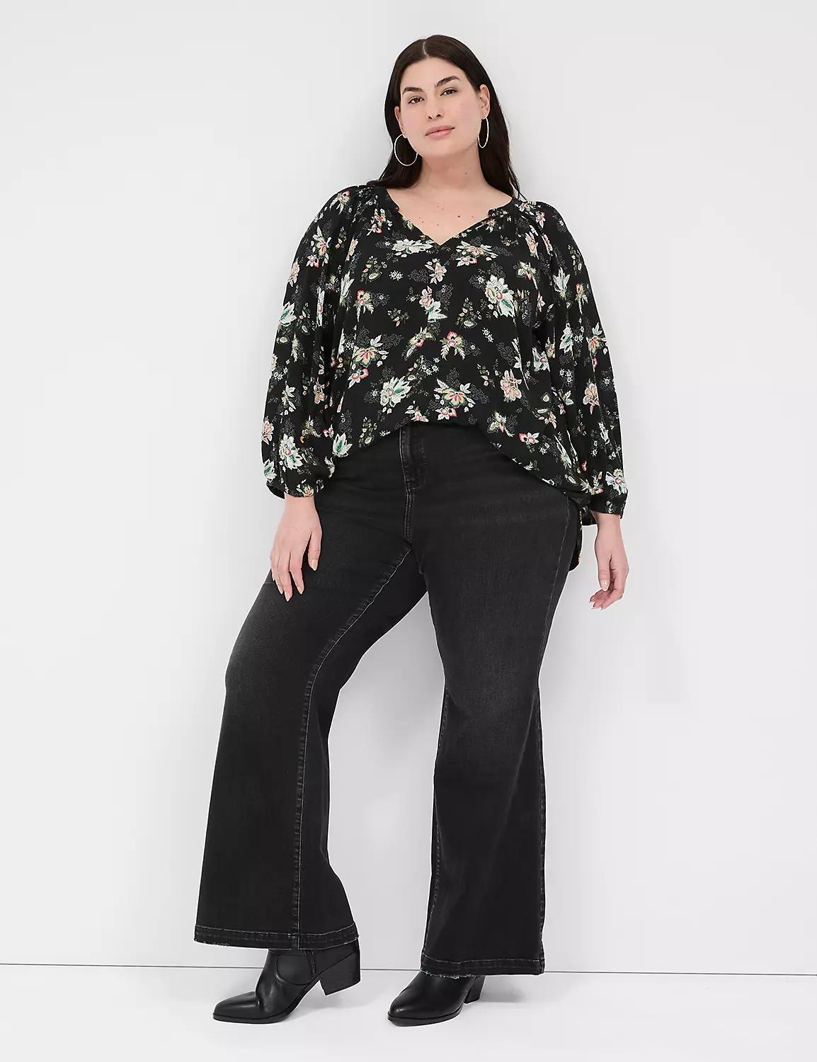 3/4-Sleeve Notch-Neck Woven & Knit Top Product Image