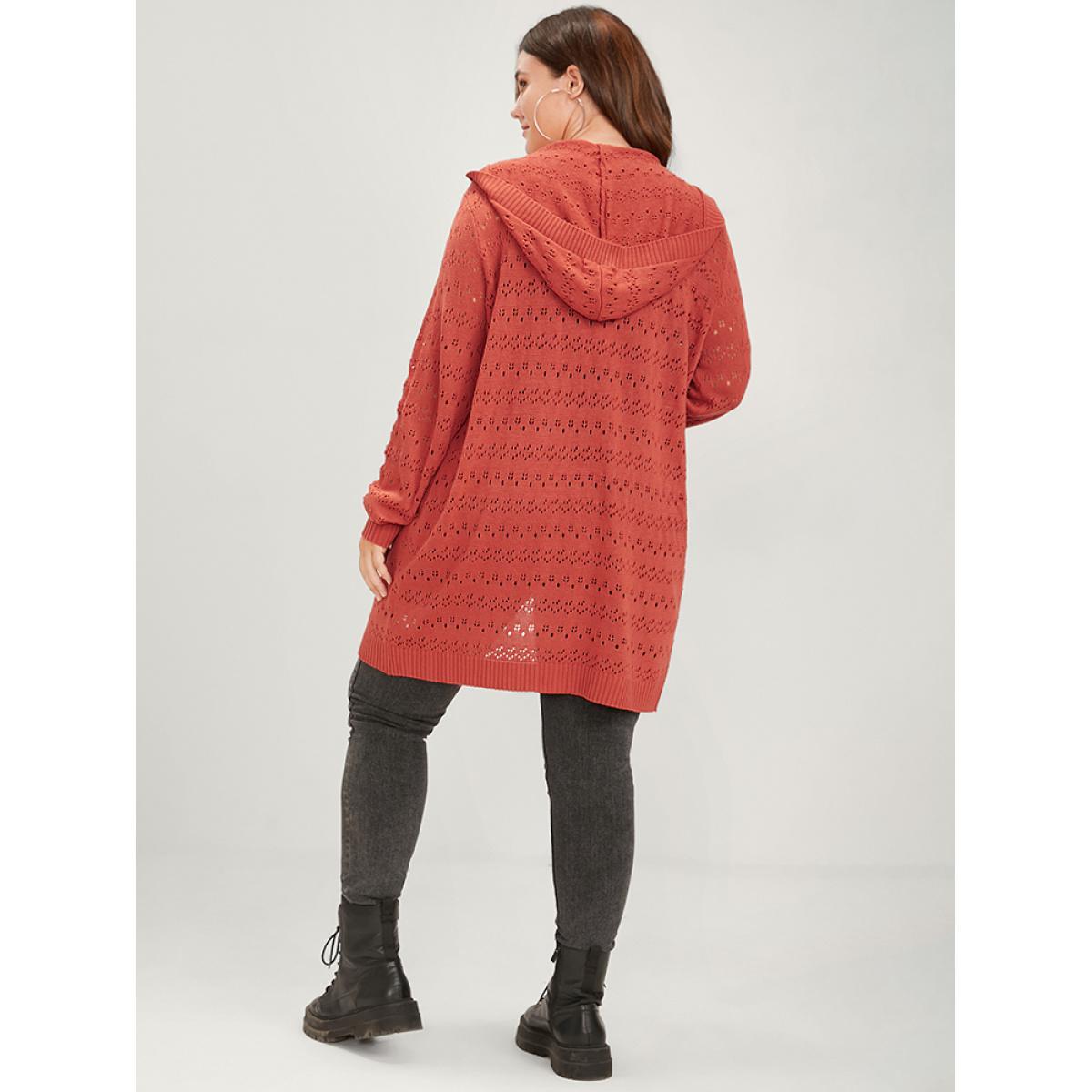 Plus Size Plain Pointelle Knit Pocket Crochet Open Front Hooded Cardigan OrangeRed Women Elegant Loose Long Sleeve Dailywear Cardigans BloomChic 26/4X Product Image