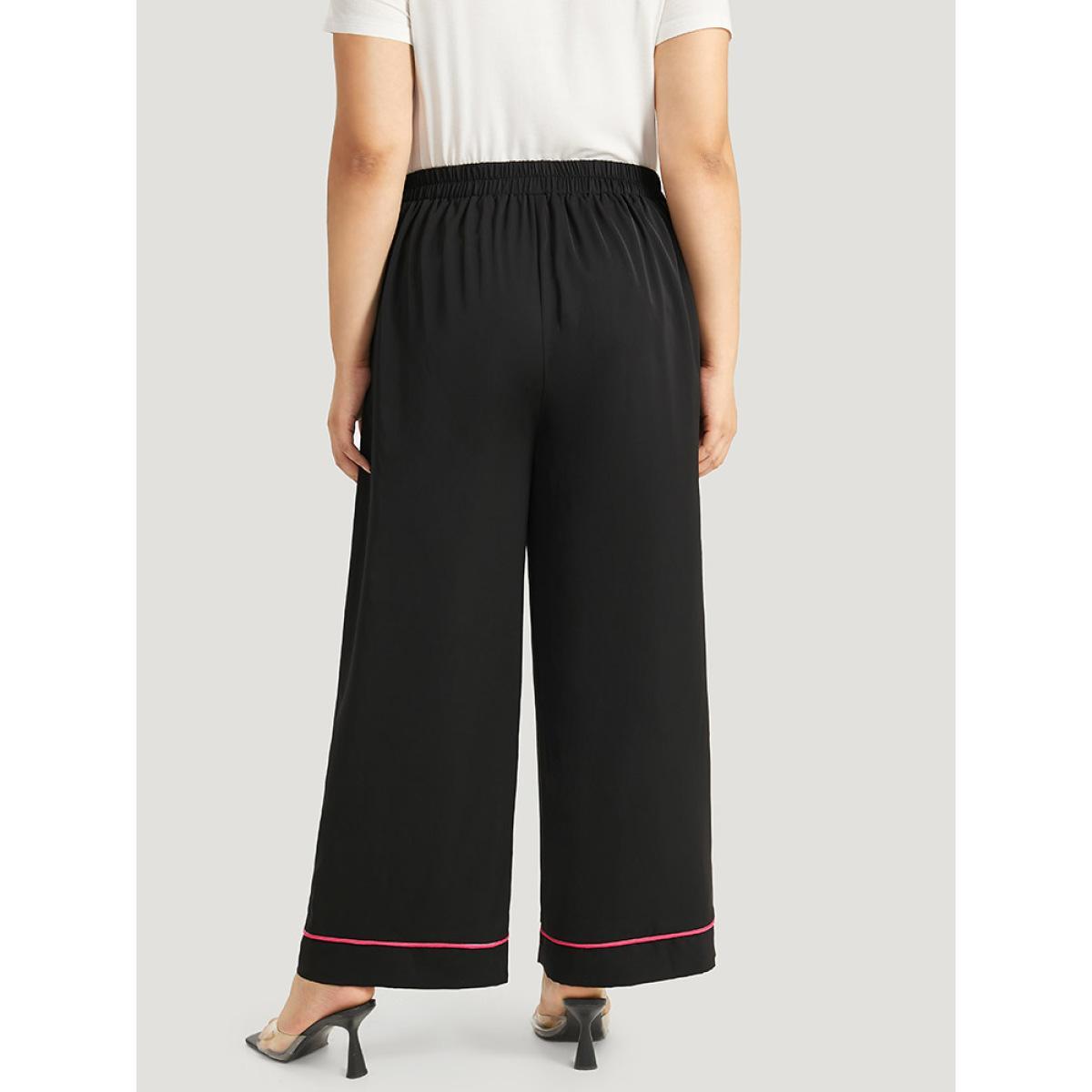Plus Size Anti-Wrinkle Contrast Elastic Waist Seam Detail Loose Pants Women Black Office Wide Leg High Rise Work Pants BloomChic 10/M Product Image