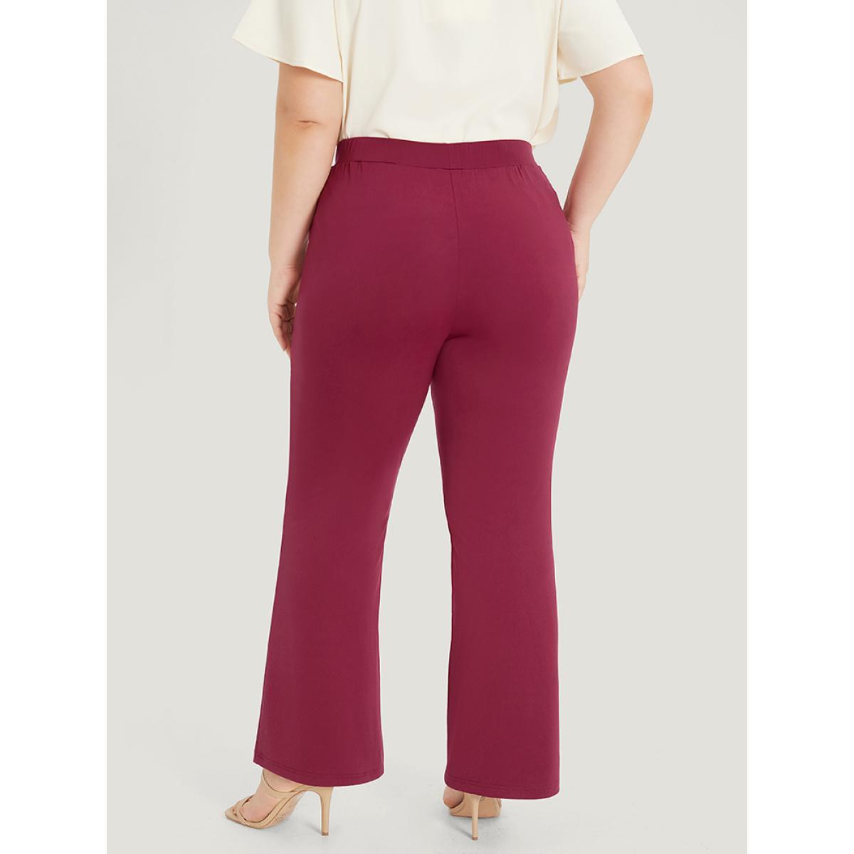 Plus Size Plain Slant Pocket Elastic Waist High Rise Bootcut Pants Women Burgundy Office Bodycon High Rise Work Pants BloomChic 10/M Product Image