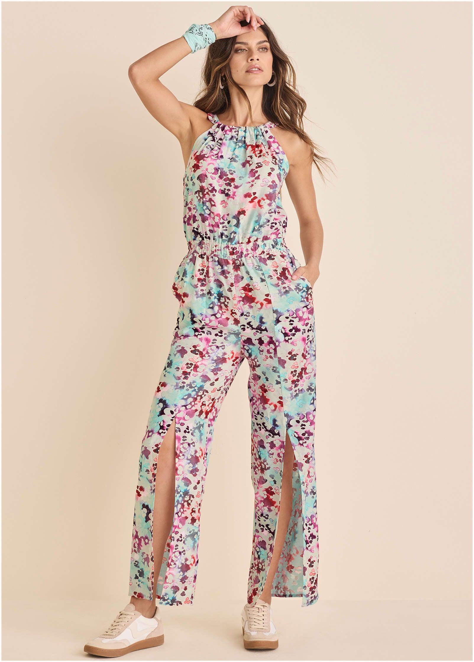 Linen Front Slit Jumpsuit - Gouache Leopard Multi Product Image