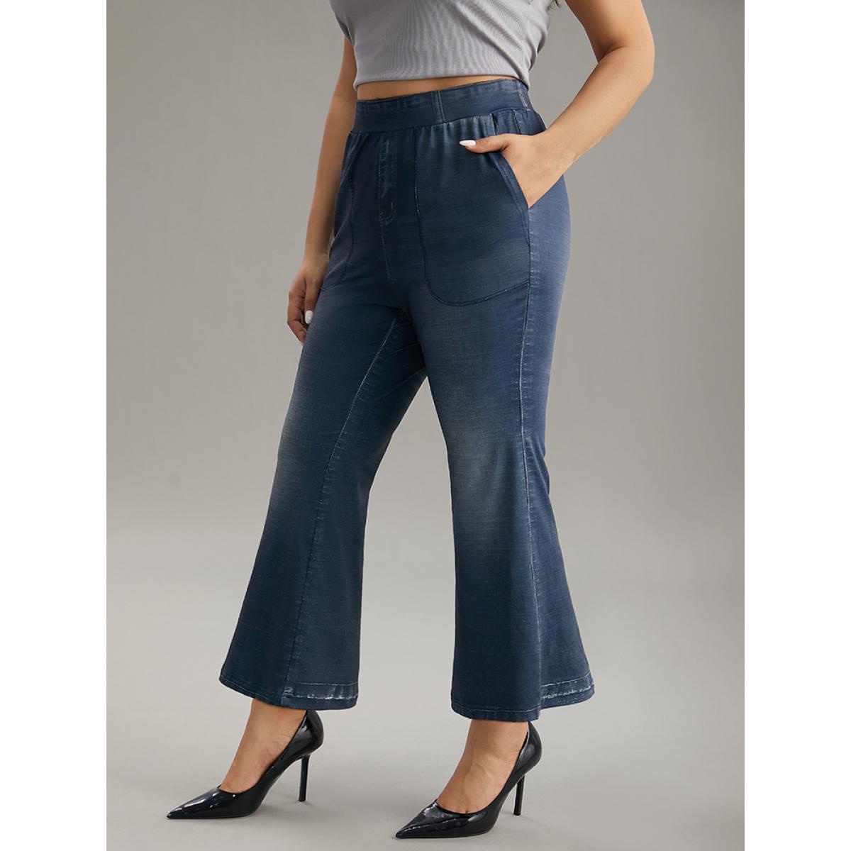 Plus Size Denim Effect Print Elastic Waist Flare Leg Leggings Women Stone Casual High stretch Flare Leg High Rise Everyday Leggings BloomChic 18-20/2X Product Image