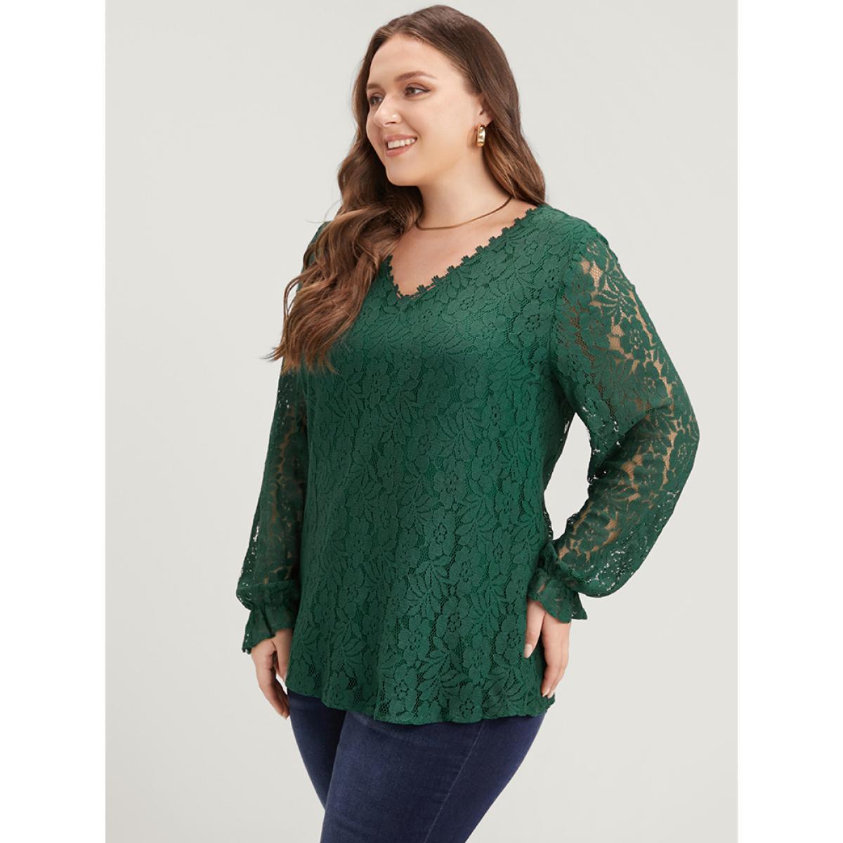 Plus Size Green Solid Crochet Lace V Neck Blouse Women Glamour Long Sleeve V-neck Going out Blouses BloomChic 18-20/2X Product Image