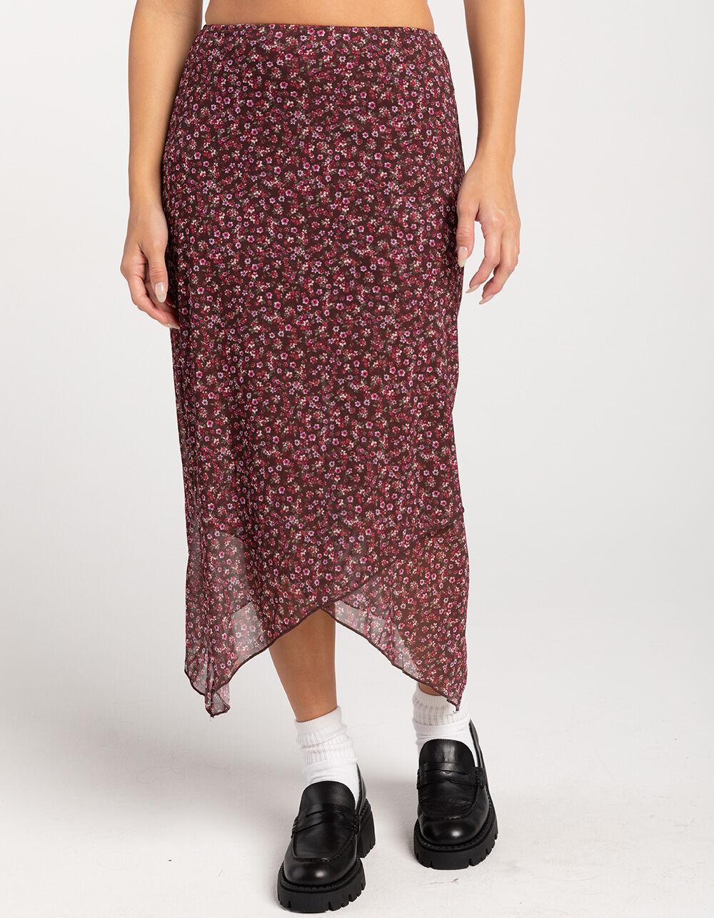 RSQ Womens Low Rise Asymmetrical Mesh Midi Skirt - BURGUNDY COMBO Product Image