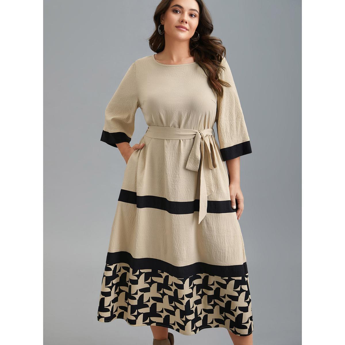 Plus Size Color-Block Belted Pockets Midi Dress Apricot Women Casual Texture Round Neck Elbow-length sleeve Curvy BloomChic 18-20/2X Product Image