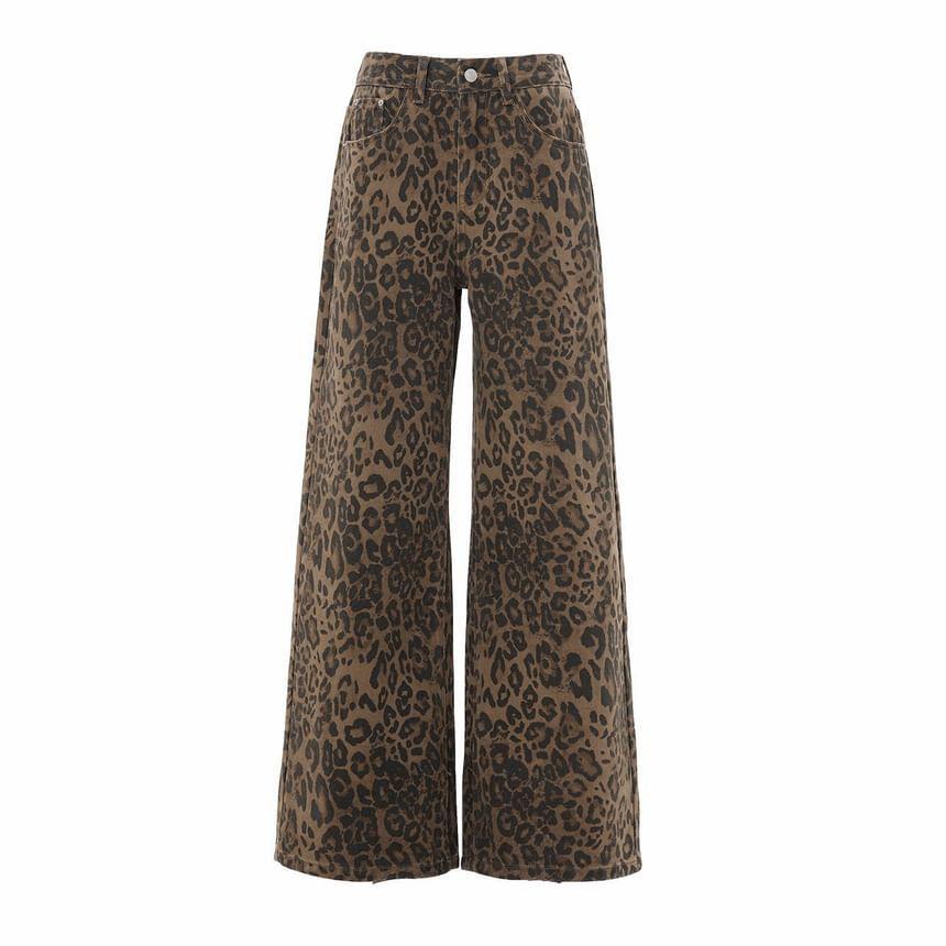 Low Waist Leopard Print Wide Leg Jeans (Various Designs) Product Image