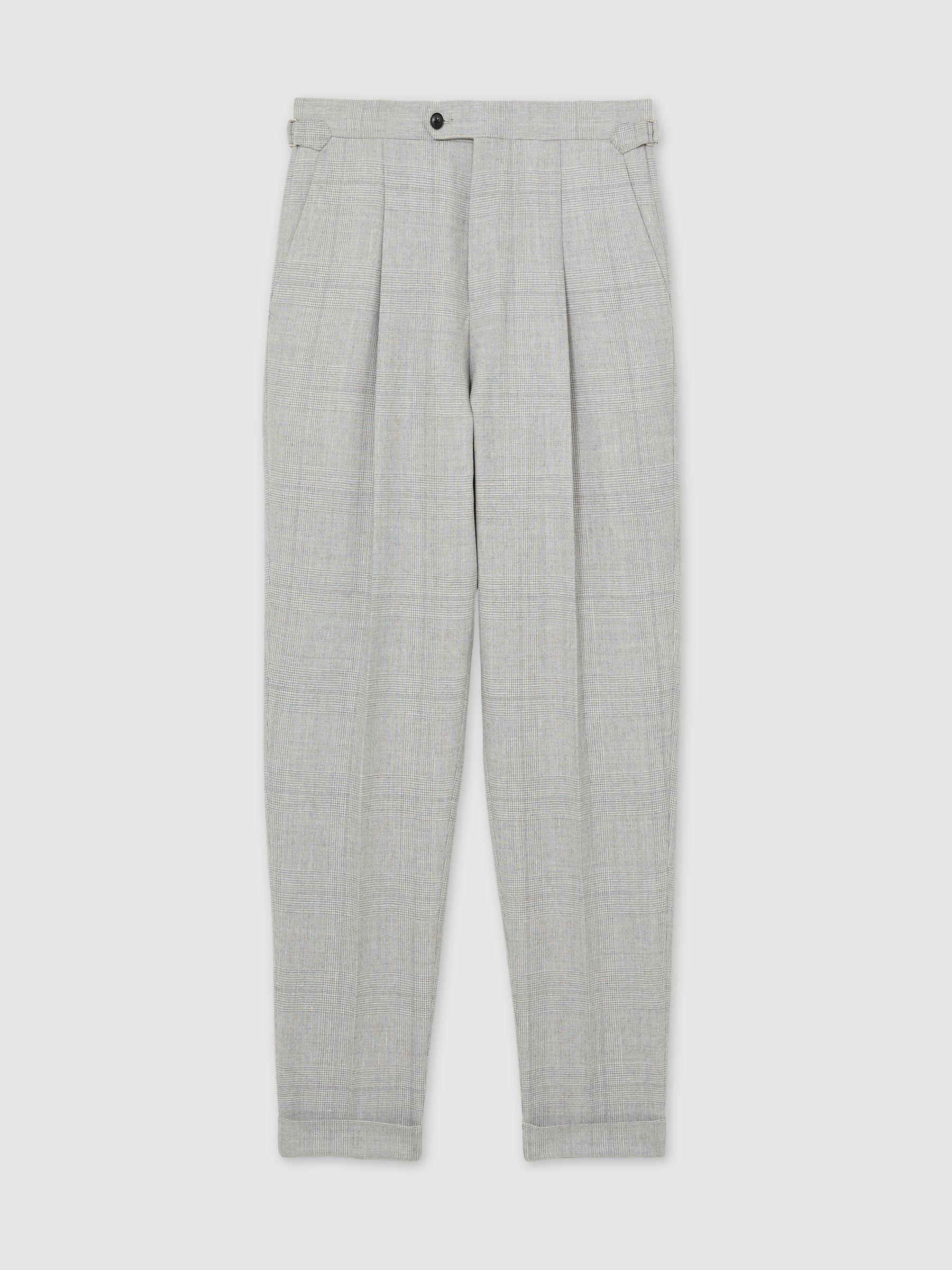 Wool-Linen Check Tapered Trousers in Soft Grey Melange Product Image