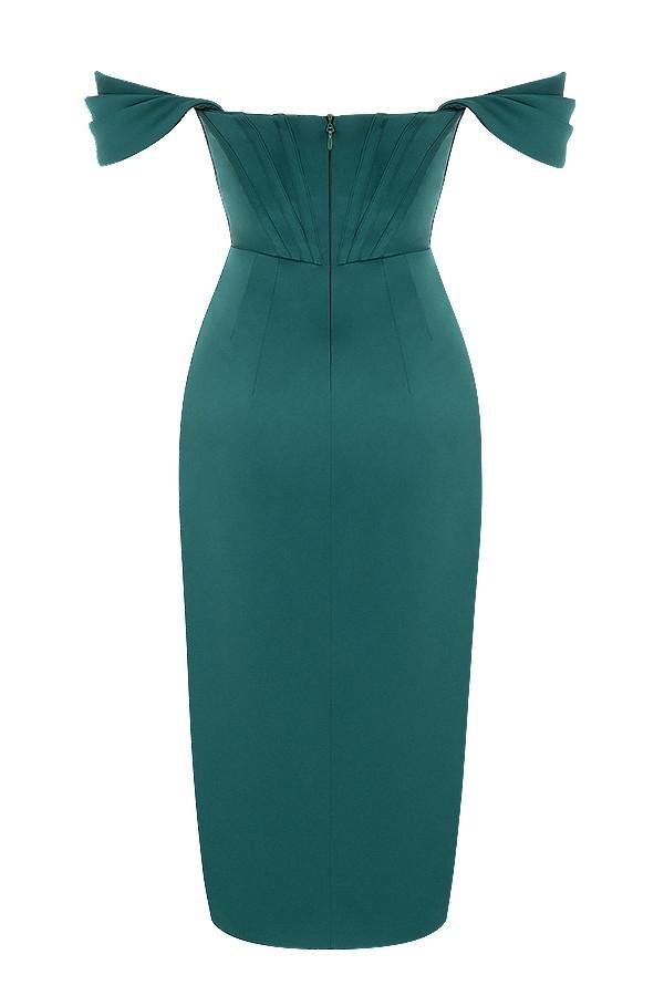 Loretta  emerald green satin off shoulder dress Product Image
